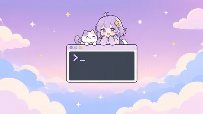 Illustration of a chibi companion sitting beside a window on a pastel violet background