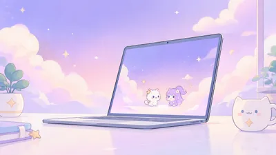 Illustration of a laptop running a pastel desktop companion on a violet background