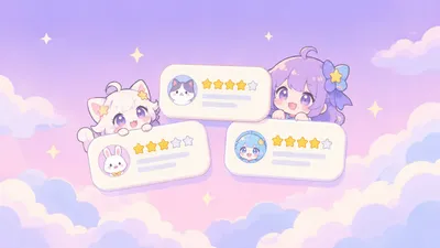 Illustration of floating review cards with star ratings and chibi companions on a pastel violet background